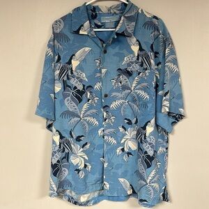 Bermuda Bay Men Hawaiian Toucan Button Up Shirt Light Blue 100% Silk Size XXL